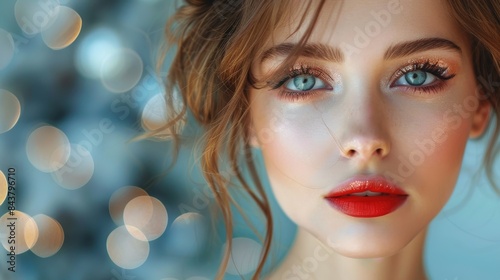Exquisite beauty portrait showcasing a woman's glamorous makeup with glittering sparkles and Christmas lights bokeh