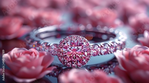 A luxurious pink diamond ring, exquisitely displayed among rose-themed decor, sharp focus photo