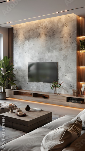 Modern living room interior design with tv screen on concrete wall ,  a TV cabinet on a concrete wall in a living room , Living Room with a Green Armchair on an Empty colourful room 