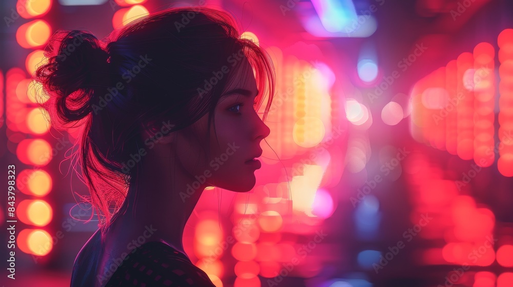 The side view of a woman in a club with colorful bokeh background and moody club lighting The side view of a woman in a club with colorful bokeh background and moody club lighting