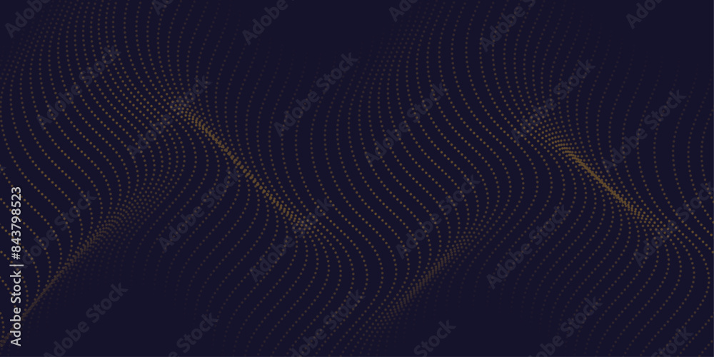 Vector flowing gold dots, gold particles wave pattern 3D curve halftone isolated on dark background. Vector concept of technology, science, music, modern Vector flowing gold dots, gold particles wave pattern 3D curve halftone isolated on dark background. Vector concept of technology, science, music, modern