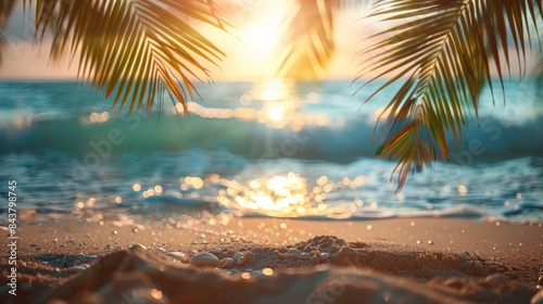 A serene sunset scene with a focus on the sunbeams streaming through palm leaves onto a sandy beach