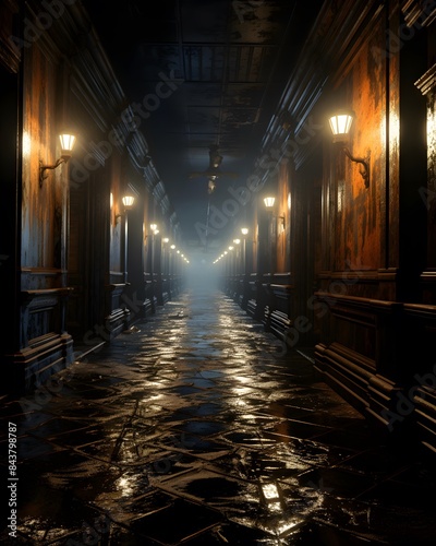 A long corridor in a dark room. 3d rendering, 3d illustration.