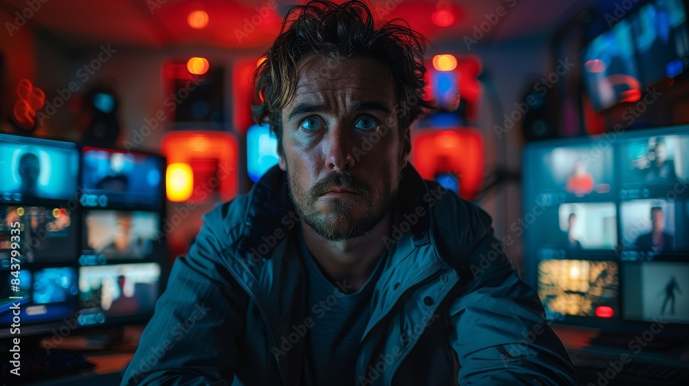 A video editor intensely focused on a project with multiple screens and dynamic lighting in the background A video editor intensely focused on a project with multiple screens and dynamic lighting in the background