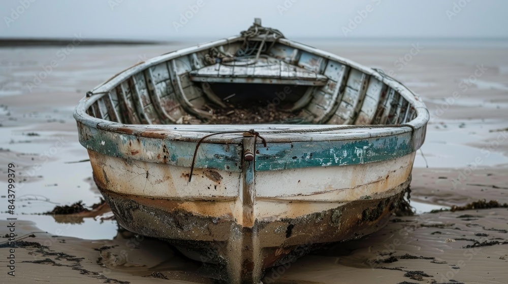 An old fishing boat in poor condition stranded on sandy shore An old fishing boat in poor condition stranded on sandy shore