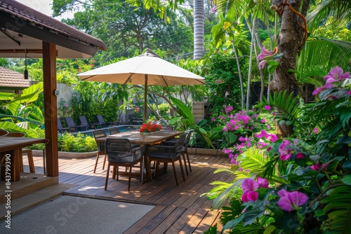 Stylish Garden Furniture Setup with Dining Table and Umbrella on Wooden Deck Amid Lush Greenery © spyrakot