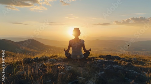 Peaceful Meditation at Sunrise on Hilltop with Serene Panoramic View of Horizon