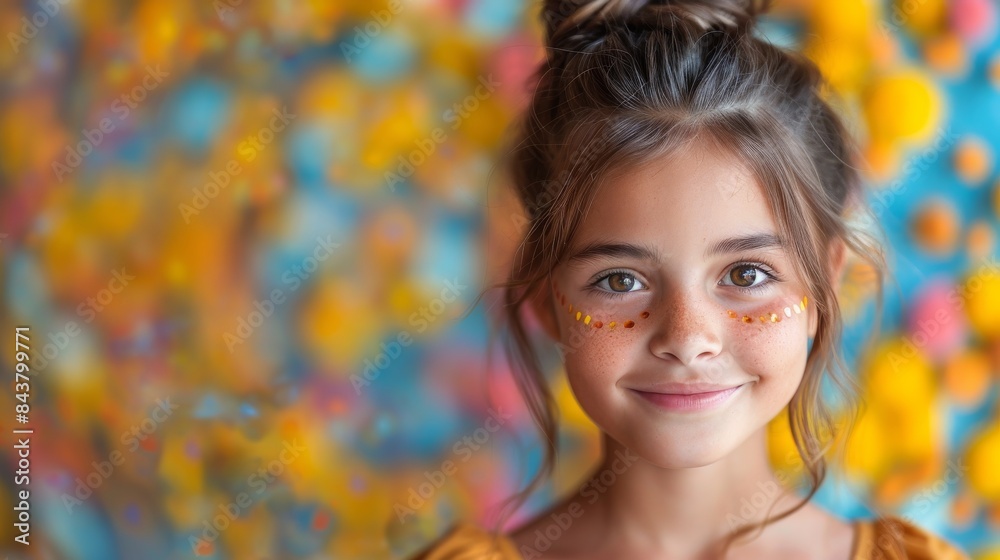 A cheerful young girl with glittery face paint smiles warmly with a colorful abstract background A cheerful young girl with glittery face paint smiles warmly with a colorful abstract background