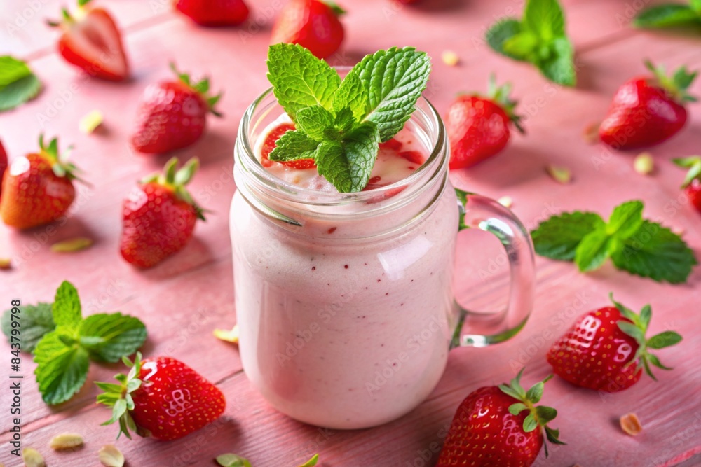 Strawberry shake or milkshake in a jar decorated with mint on a pink table. Healthy food for breakfast and snacks. Strawberry shake or milkshake in a jar decorated with mint on a pink table. Healthy food for breakfast and snacks.