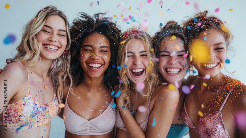 A group of young women having a blast at a hen party against a white background. Celebratory and lively, perfect for capturing memorable moments A group of young women having a blast at a hen party against a white background. Celebratory and lively, perfect for capturing memorable moments