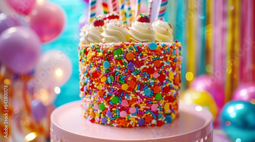 Colorful Birthday Cake Decorated with Sprinkles and Candies for a Festive Celebration