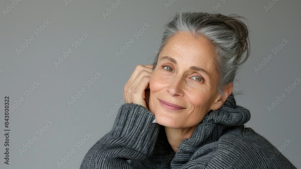 Elegant mature lady with gray hair pulled back wearing a grey sweater sitting and smiling at the camera with her hand on her cheek Elegant mature lady with gray hair pulled back wearing a grey sweater sitting and smiling at the camera with her hand on her cheek