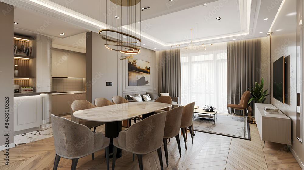 Interior of modern dining room with white walls, wooden floor, long table with white chairs and long comfortable sofa with beige cushions ,  Window with blurry cityscape , Bright kitchen room interior