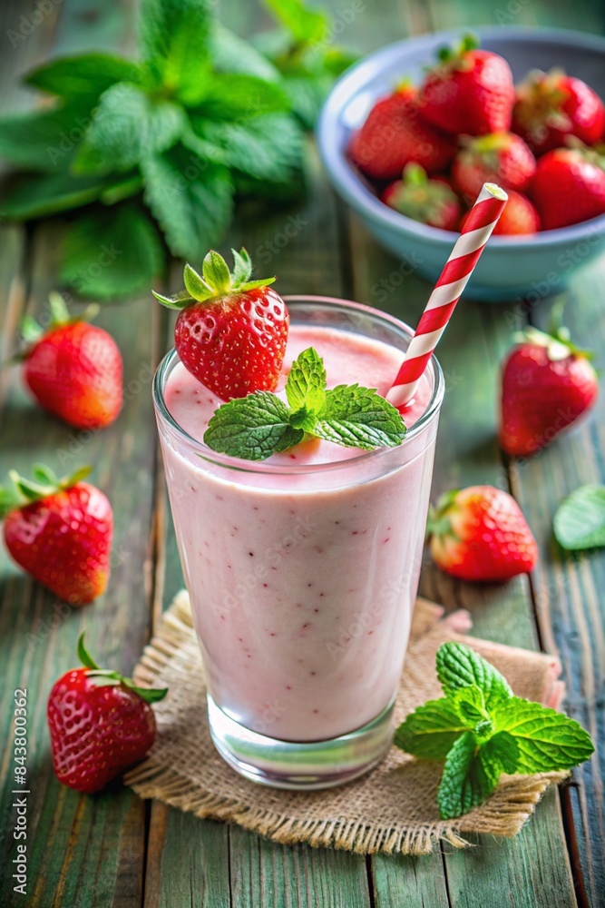 Strawberry shake or milkshake in a jar decorated with mint on a pink table. Healthy food for breakfast and snacks. Strawberry shake or milkshake in a jar decorated with mint on a pink table. Healthy food for breakfast and snacks.