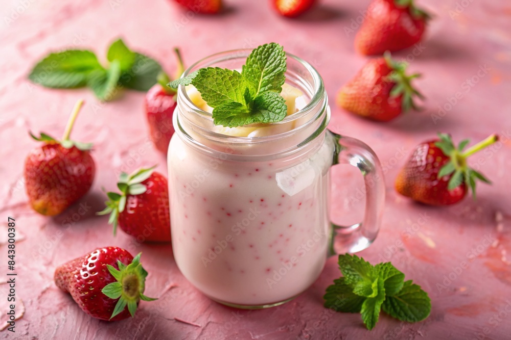 Strawberry shake or milkshake in a jar decorated with mint on a pink table. Healthy food for breakfast and snacks. Strawberry shake or milkshake in a jar decorated with mint on a pink table. Healthy food for breakfast and snacks.
