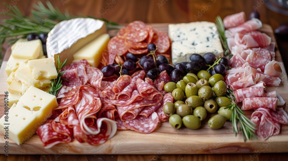 A beautifully arranged charcuterie board featuring artisanal cheeses, cured meats, olives, and fresh grapes. A beautifully arranged charcuterie board featuring artisanal cheeses, cured meats, olives, and fresh grapes.