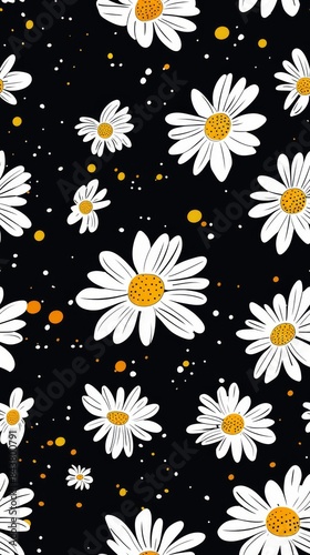 White Daisies With Orange Dots on Black Background Pattern © PLATİNUM