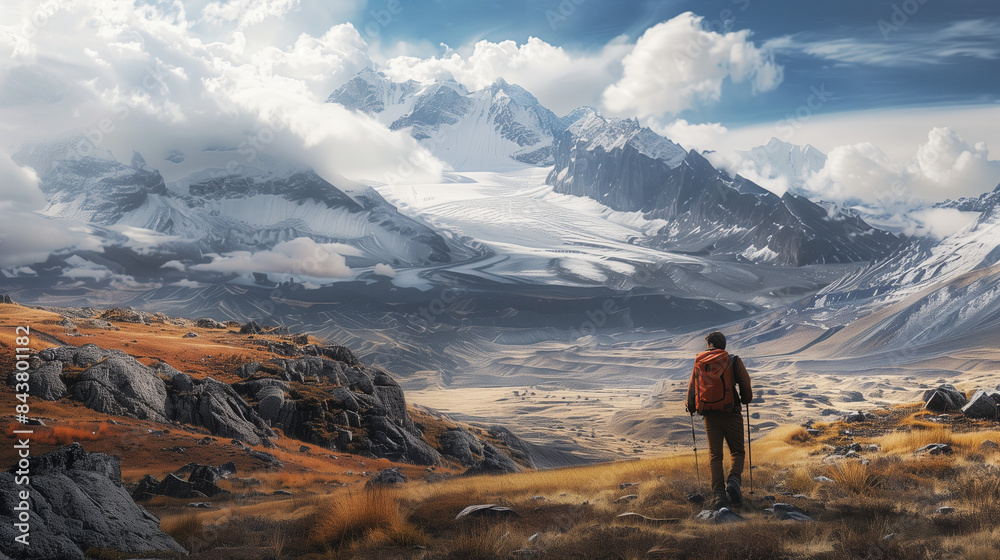 Fototapeta premium A hiker observes the beauty of wildlife as he traverses difficult, rocky terrain.