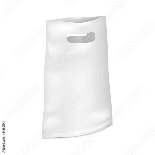 Plastic poly bag with die cut handles realistic vector mockup. Die-cut handle polybag template. Blank white package mock-up