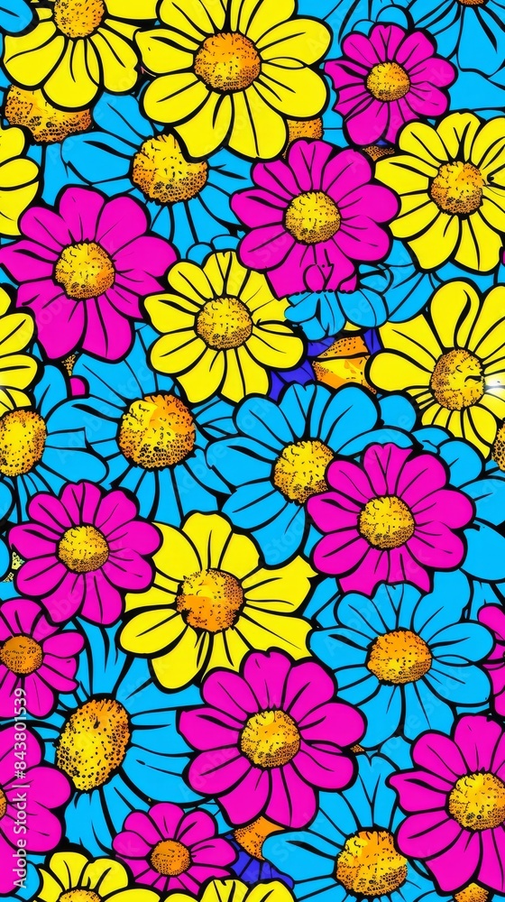 Brightly Colored Daisy Pattern With Yellow, Pink, and Blue Flowers