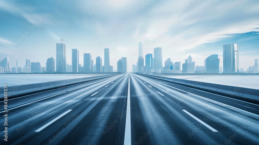 Fototapeta premium high way with a wide futuristic road going through a tunnel, A sense of speed, View from a tunnel, futuristic city skyline