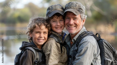 Portrait of a Caucasian man with two children wearing hiking gear, smiling happily by a river during a nature adventure.