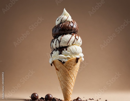 Towering stack of three scoops of ice cream on a waffle cone with chocolate drizzles
