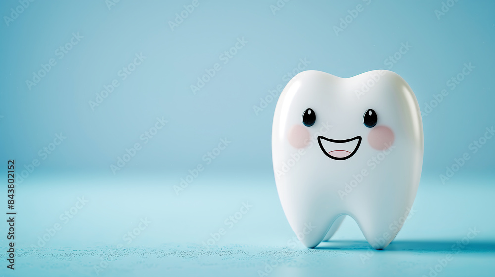 Funny plastic white tooth with eyes and a smile on a blue background. Pediatric dentistry, dental care. Copy space. Funny plastic white tooth with eyes and a smile on a blue background. Pediatric dentistry, dental care. Copy space.