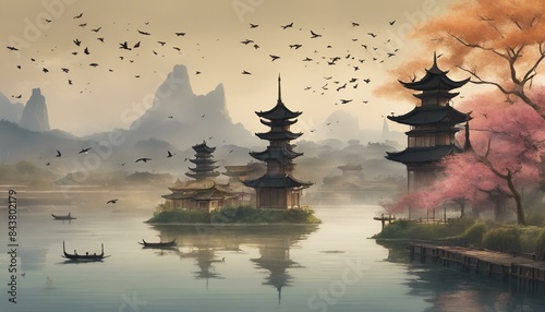 Several birds fly above pagoda-style buildings by a river, creating a serene landscape suggestive of migration or simple enjoyment. photo