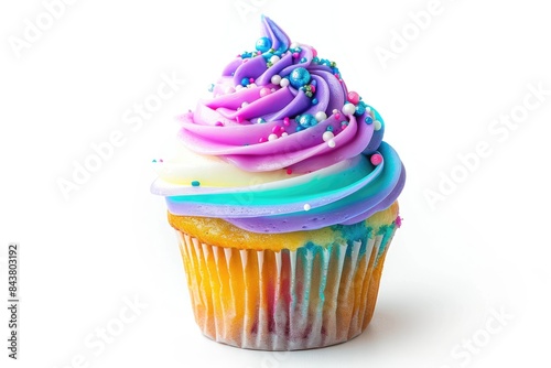 Whimsical cupcake with colorful frosting and decorative sprinkles on isolated background