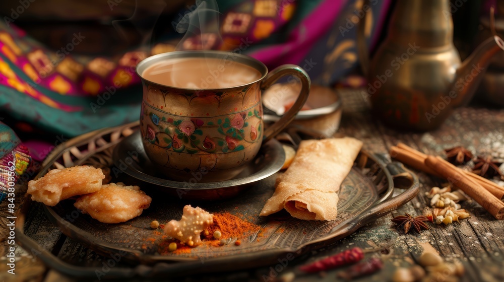 Traditional Indian Chai Tea with Rustic Snacks and Spices on a Vintage Tray - Culinary Heritage Concept Traditional Indian Chai Tea with Rustic Snacks and Spices on a Vintage Tray - Culinary Heritage Concept