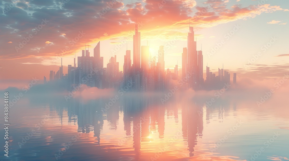 A futuristic city floating on water, with sleek buildings reflecting the sunlight, advanced transportation systems gliding smoothly across the surface, and a sense of harmony with nature. Clipart
