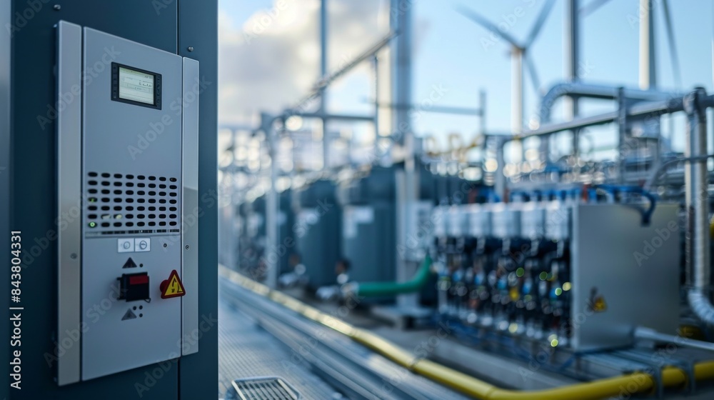 A close-up shot of a green hydrogen production facility with wind turbines in the background. A close-up shot of a green hydrogen production facility with wind turbines in the background.