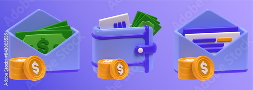 salary, wallet and financial mail in 3d icon illustration. 3d rendering of graphic design interface