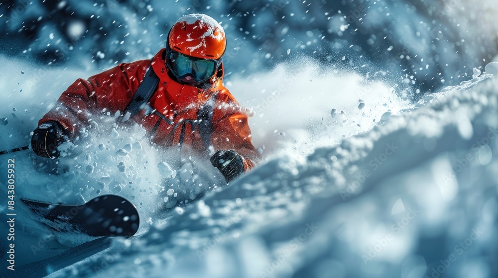 skier on snow mountains with professional ski equipment on sunny day skier on snow mountains with professional ski equipment on sunny day