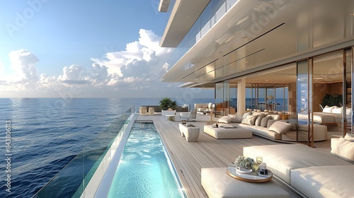 A spacious yacht deck with an infinity pool overlooking the vast blue ocean on a sunny day