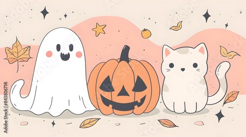 Whimsical Halloween Scene with Friendly Ghost and Playful Cat