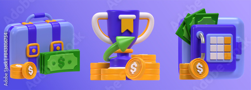 briefcase , financial reward and safe box in 3d icon illustration. 3d rendering of graphic design interface