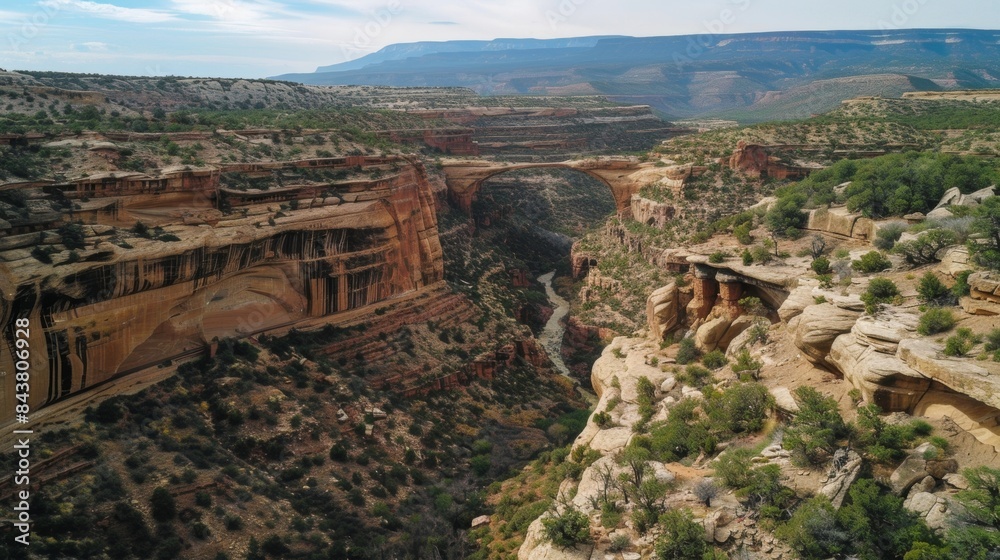A wide and deep canyon is crossed by a winding natural bridge showcasing the power and beauty of nature.