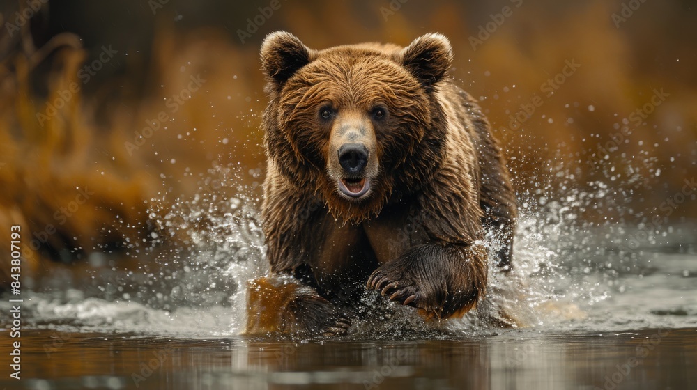 A stunning wildlife capture of a grizzly bear charging through water with splashes, showcasing ferocity and natural beauty A stunning wildlife capture of a grizzly bear charging through water with splashes, showcasing ferocity and natural beauty