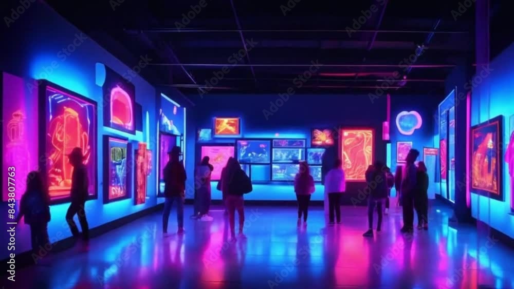 An animation depicting a high-quality neon art gallery. It features artworks illuminated by neon lights, with visitors exploring the glowing exhibits in a modern and vibrant setting An animation depicting a high-quality neon art gallery. It features artworks illuminated by neon lights, with visitors exploring the glowing exhibits in a modern and vibrant setting