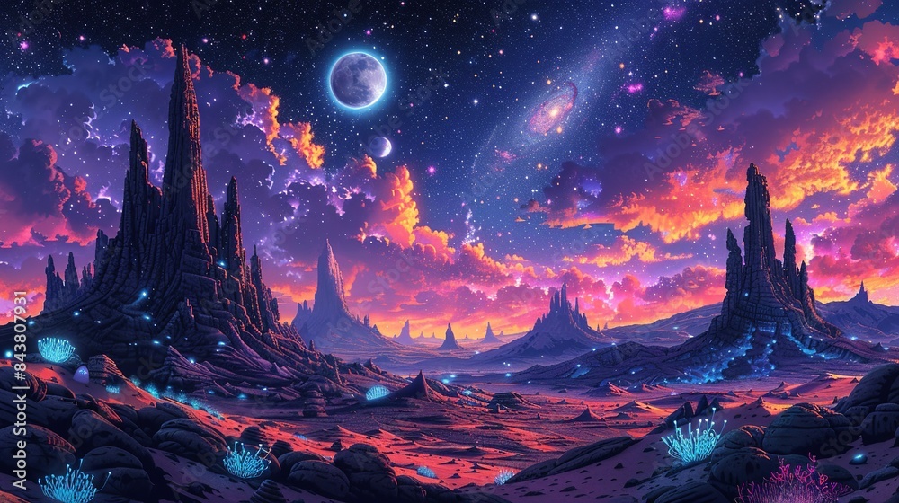 Fototapeta premium An alien desert landscape with towering crystalline formations, bioluminescent plants, and a sky filled with multiple moons and swirling nebulae, creating an otherworldly atmosphere. Clipart