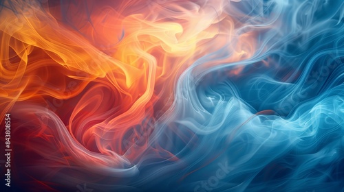 Abstract background with swirling colors of blue, orange and red in an elegant design. It is made up of smoke-like patterns that appear to be moving around each other