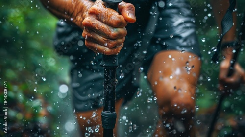 A close-up shot of a runner's sweaty hand gripping a pair of trail running poles.