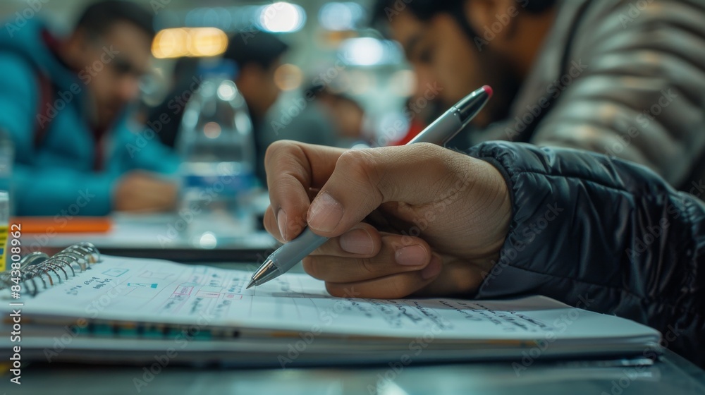 A close-up shot of a student's hand taking notes during a hydrogen fuel cell technology presentation.