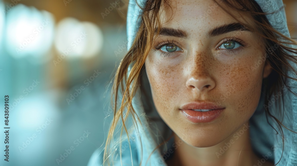 Intimate close-up portrait of a young woman with freckles and a contemplative expression Intimate close-up portrait of a young woman with freckles and a contemplative expression