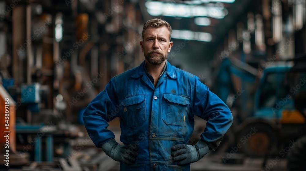 Portrait of a smiling bearded worker in overalls standing at a factory, looking at the camera Portrait of a smiling bearded worker in overalls standing at a factory, looking at the camera