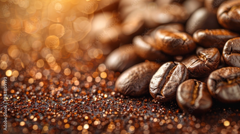 Coffee beans macro shot with deep focus, complemented by rich bokeh background Coffee beans macro shot with deep focus, complemented by rich bokeh background