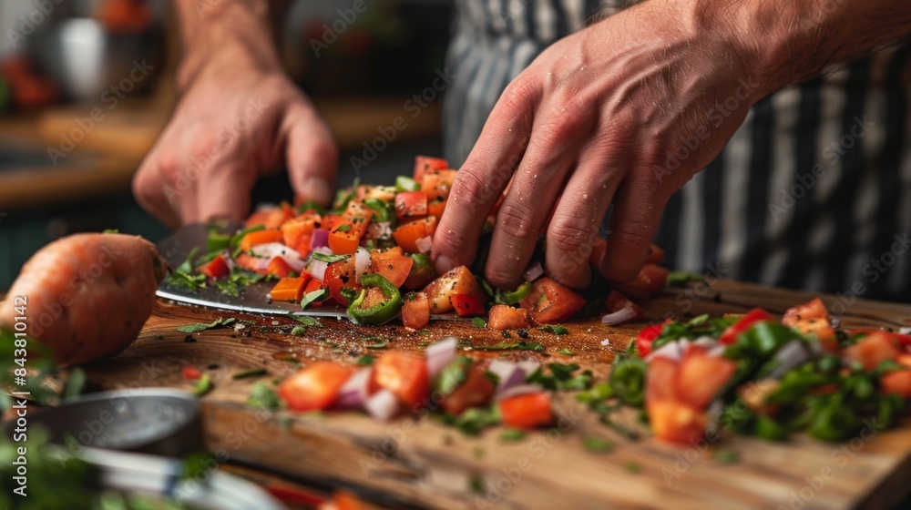 A close-up shot of hands chopping colorful vegetables on a rustic wooden cutting board. A close-up shot of hands chopping colorful vegetables on a rustic wooden cutting board.