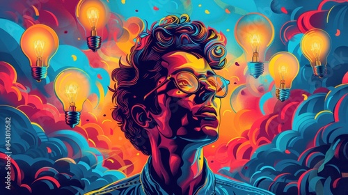 Vibrant and colorful pop art scene featuring a smart individual surrounded by thought bubbles and light bulbs symbolizing innovative ideas Bright and bold colors with a dynamic background photo